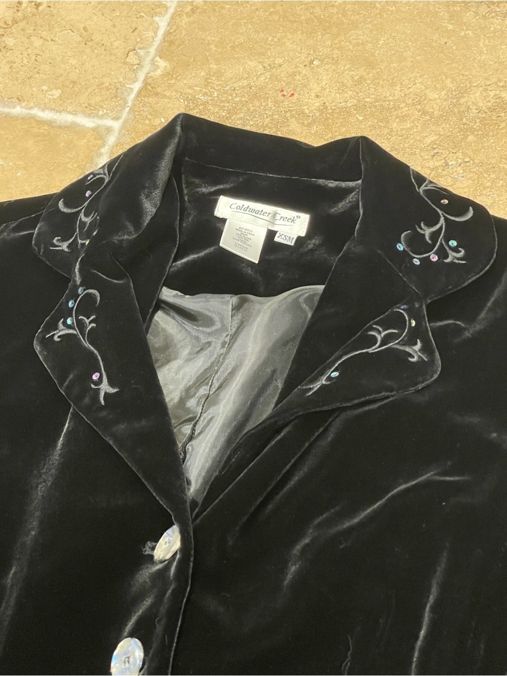 Women's Black Velour Blazer - Coldwater Creek - Embroidered Button Lined - XSM